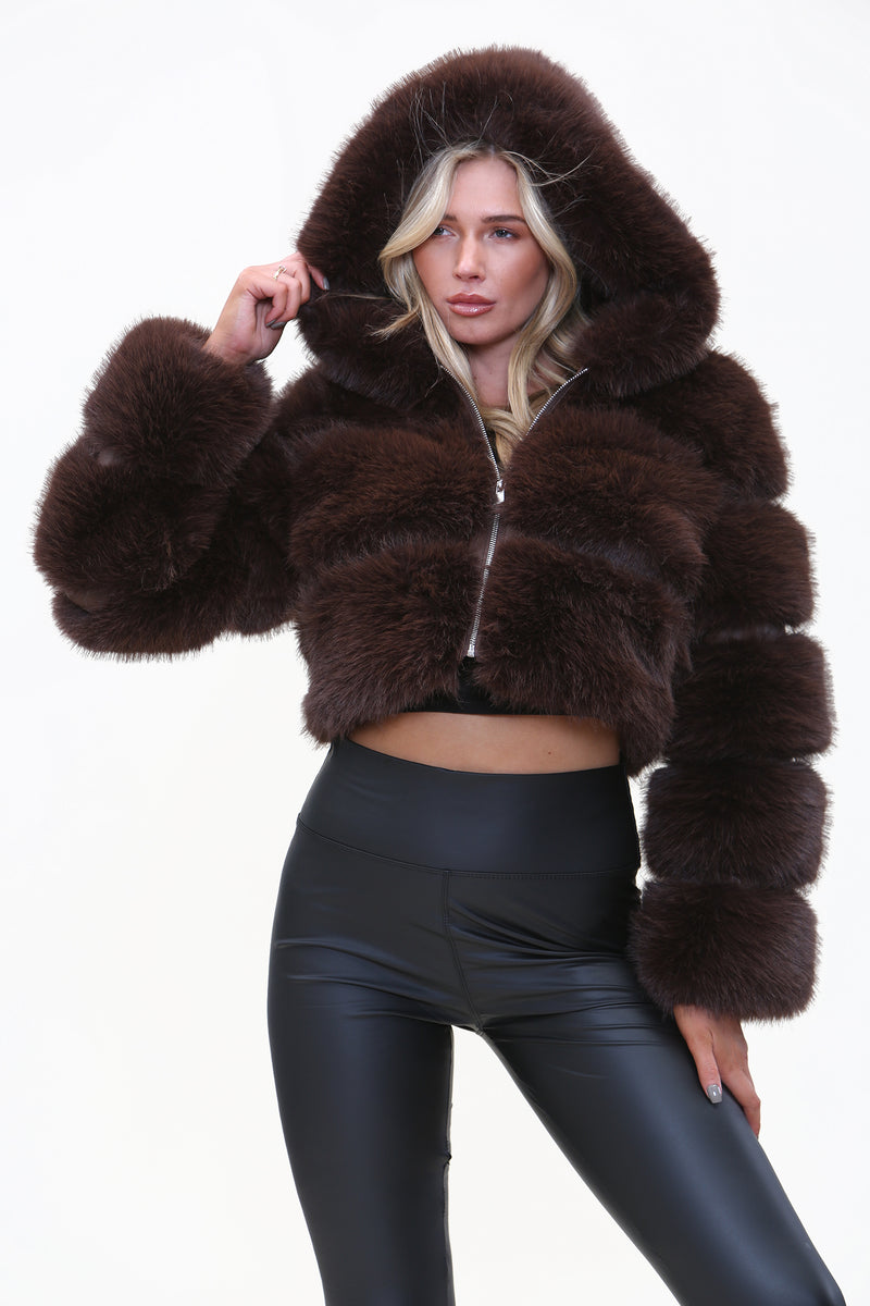 Crop Brown Faux Fur Hooded Jacket Entire Desire