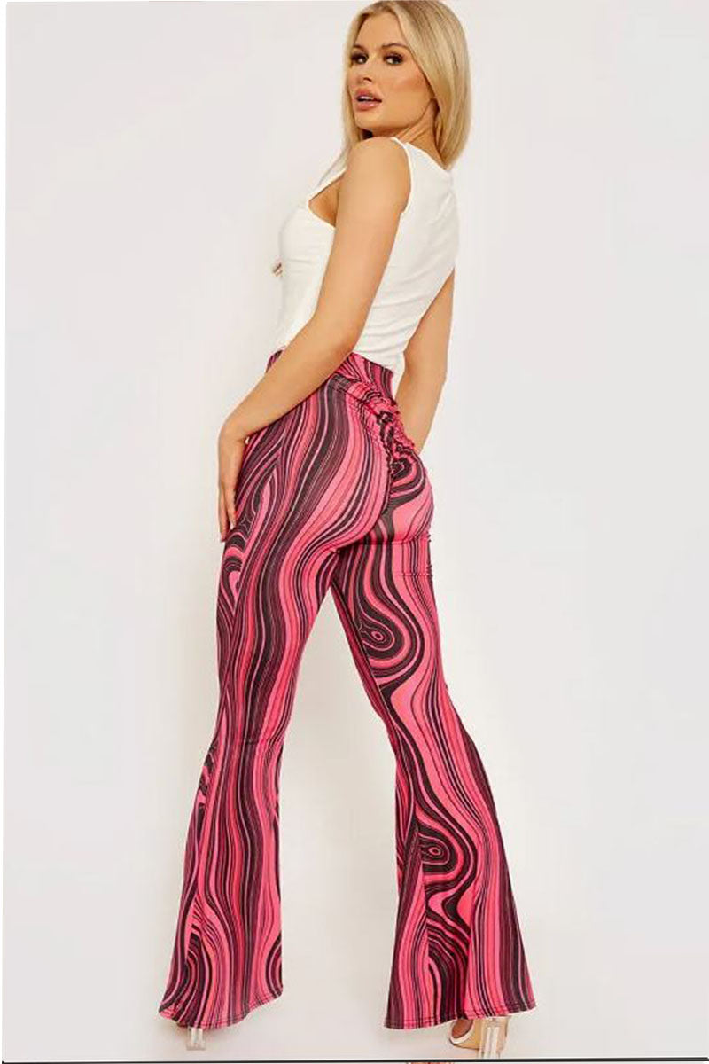 Fuchsia Marble Printed Scrunch Back Flared Slinky Trousers