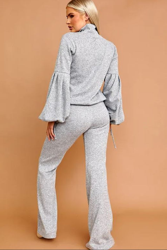 Melange Knit Grey Balloon Sleeve Top & Flare Trouser Co-ord