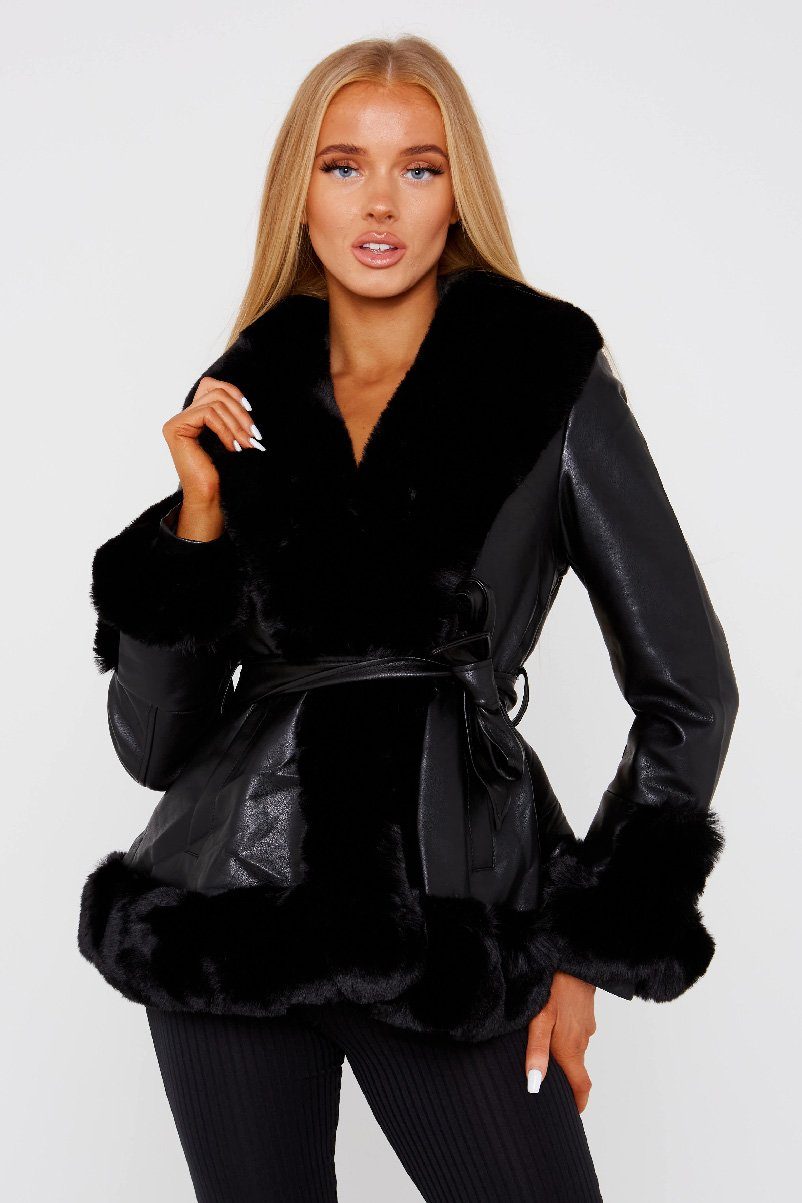 black faux fur black belted short coat