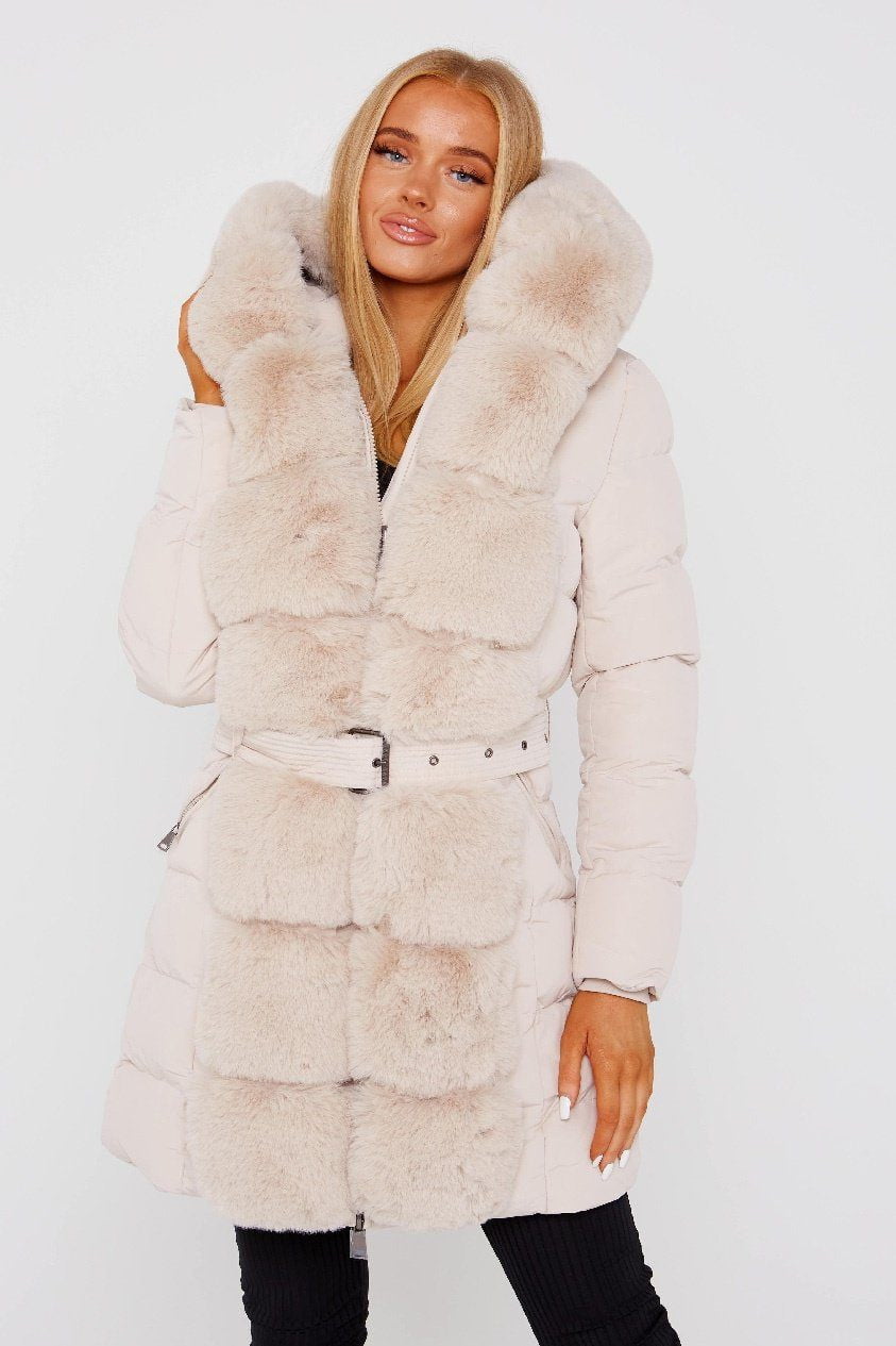 Cream Faux Fur Detail Hood Coat With Belt