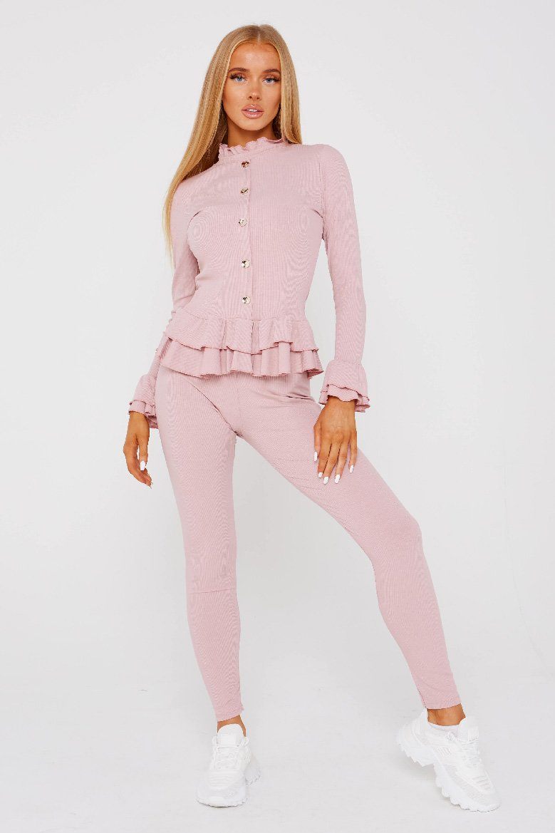 Pink Frill  button frill Lounge wear suit -Ella