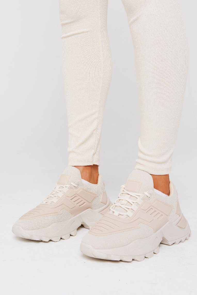Chunky Sole Trainer In Cream Faux Leather