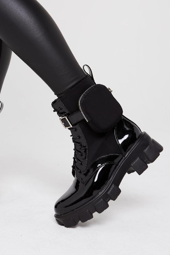 Chunky Sole Black Patent Faux Leather Biker Ankle Lace up Boot