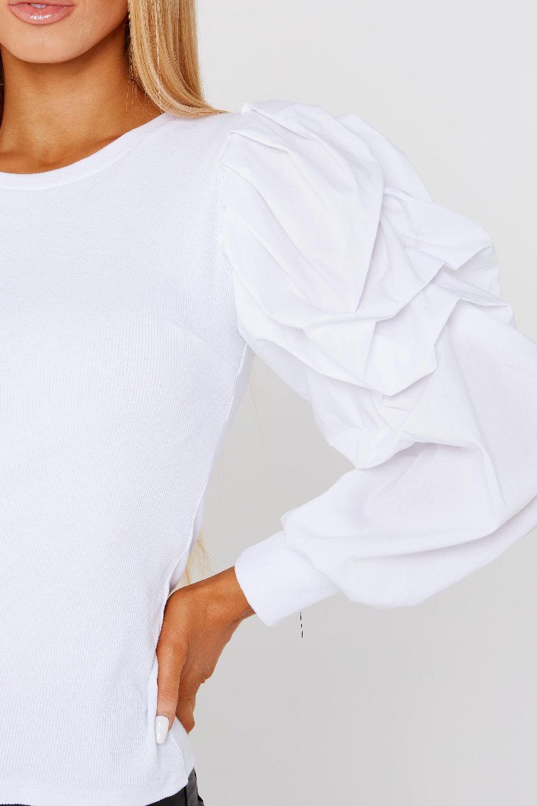White Oversize Puff Sleeve Ribbed Top