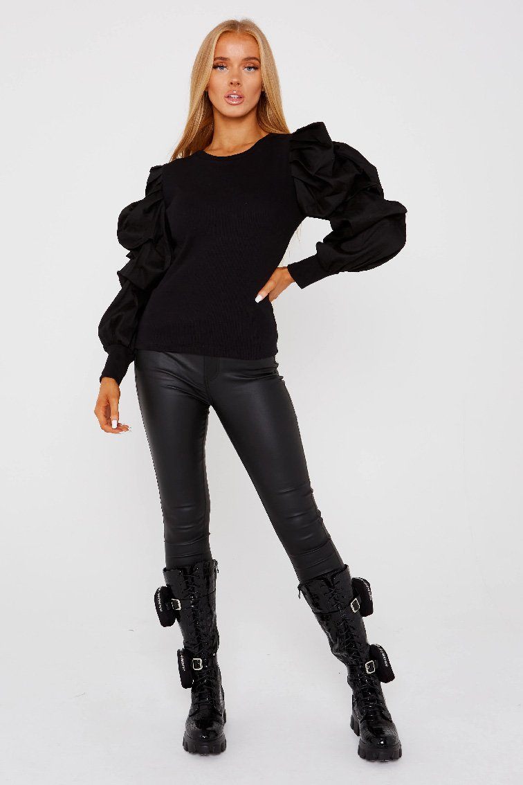 Black Oversize Puff Sleeve Ribbed Top