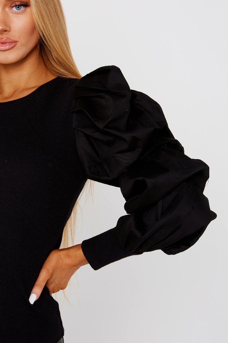 Black Oversize Puff Sleeve Ribbed Top