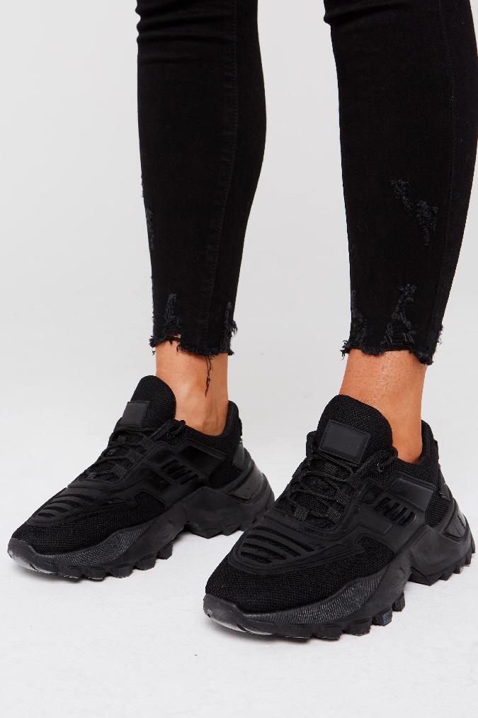 Chunky Sole Trainer In Black Faux Leather