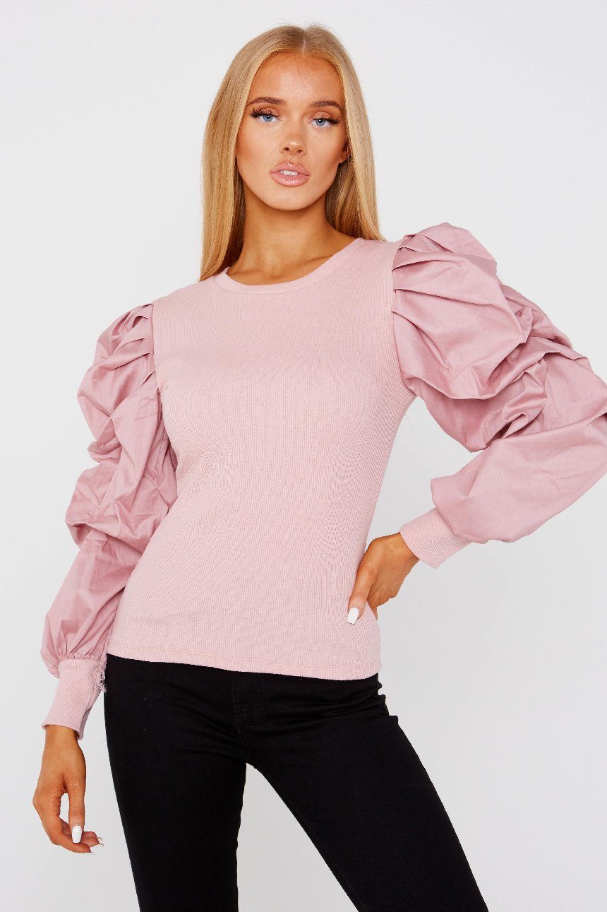 Pink Oversize Puff Sleeve Ribbed Top