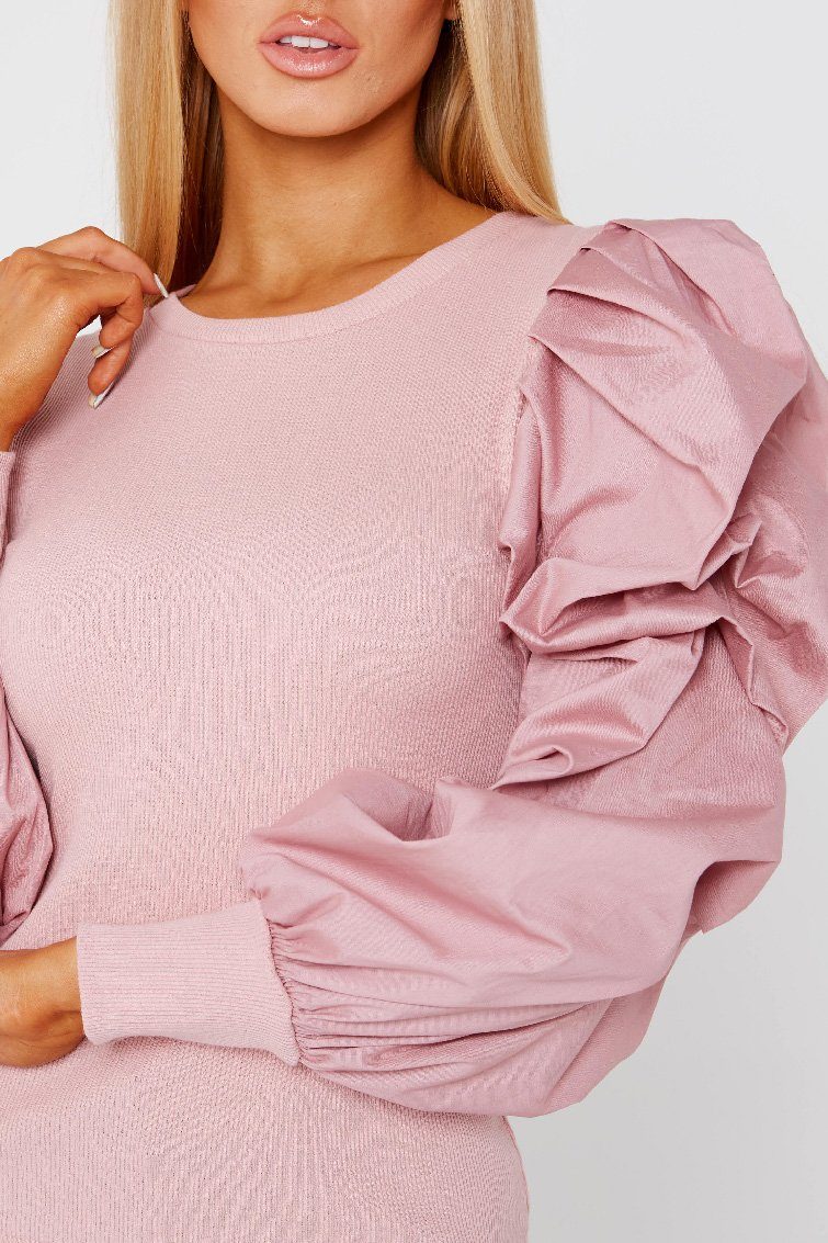 Pink Oversize Puff Sleeve Ribbed Top