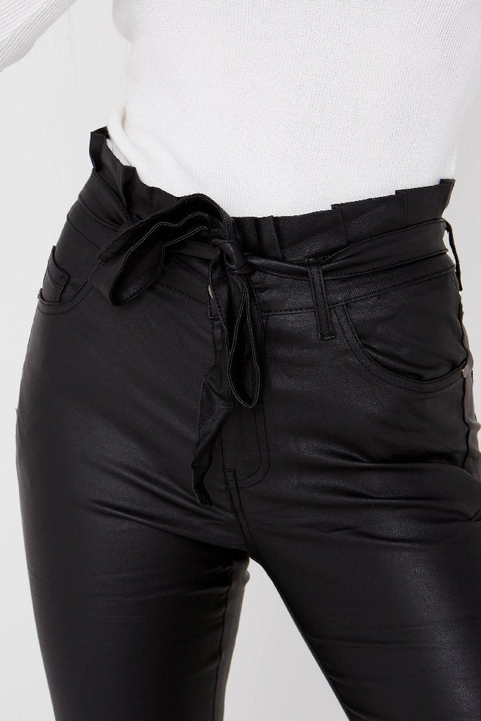 Black Faux Leather Belted Jeans