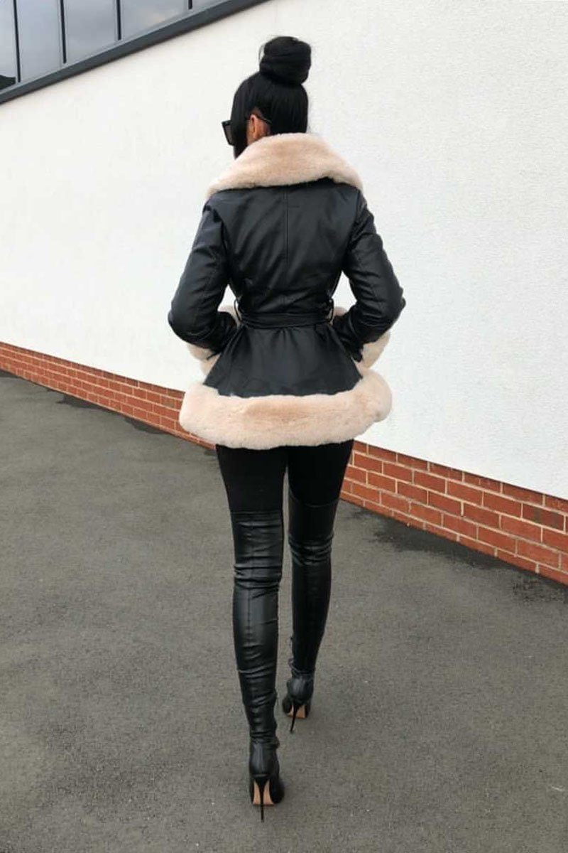 Beige faux fur black belted short coat