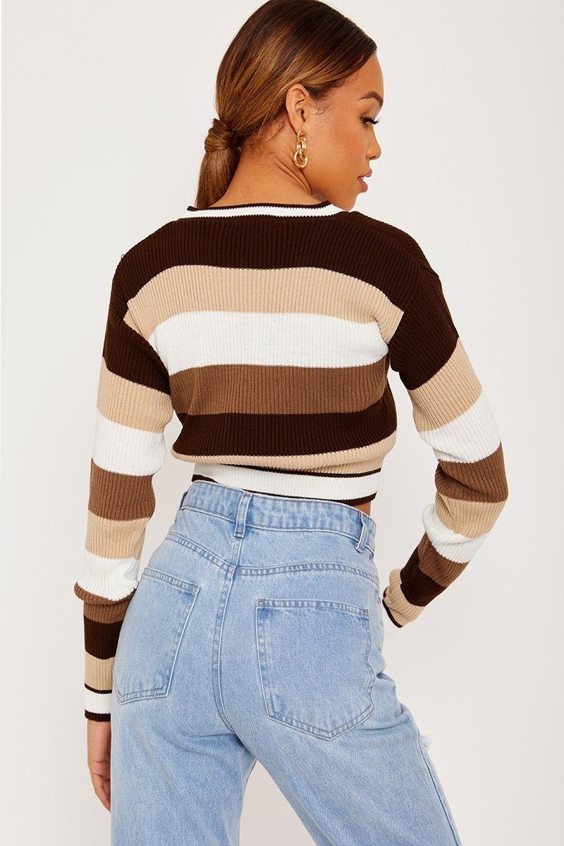 Striped Brown Knitted Cropped Cardigan