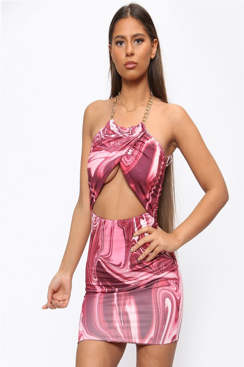 Red Marble Chain Halter Cut Out Front Slinky Ruched Dress