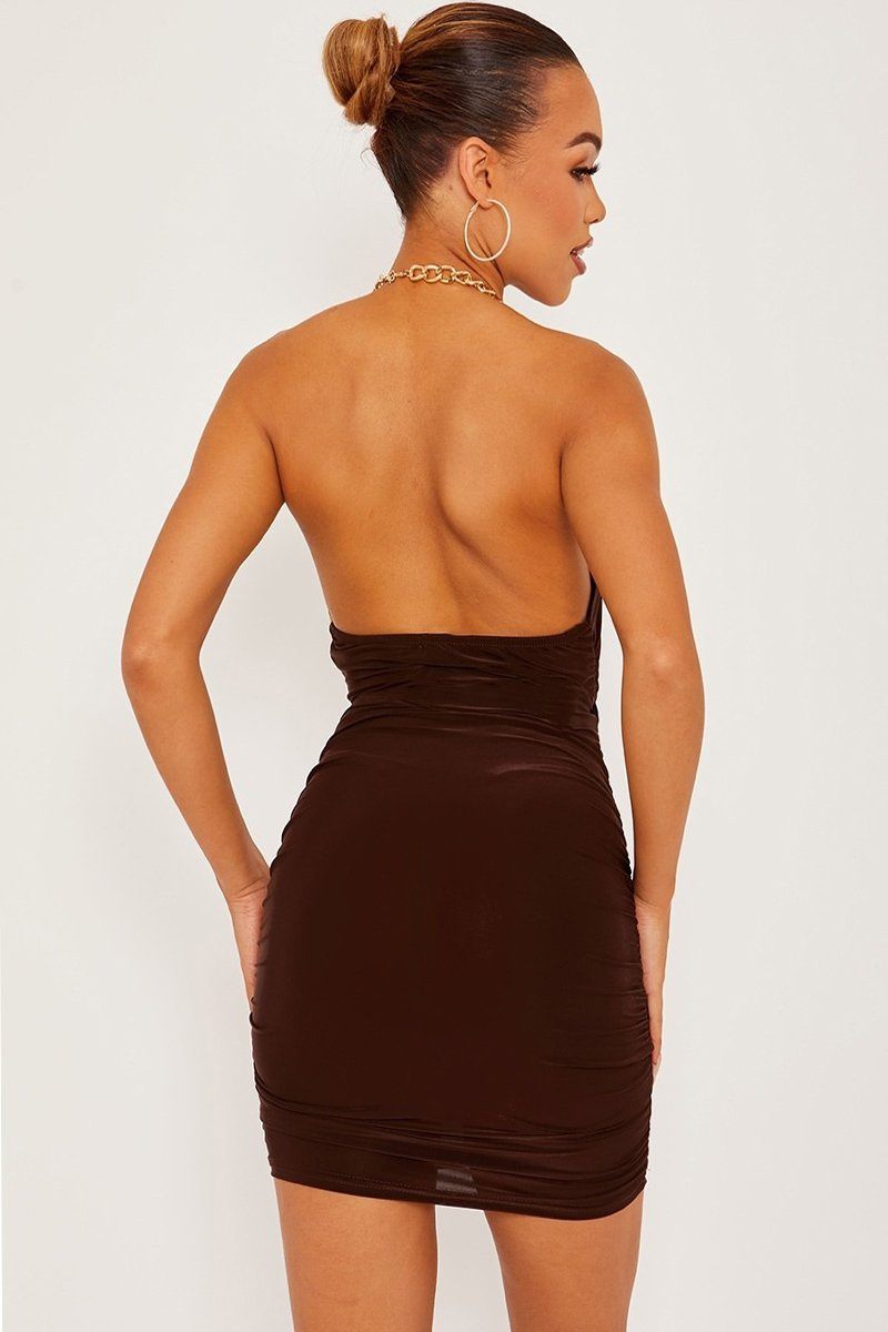 Chain Halter Cut Out Front Brown Slinky Ruched Dress