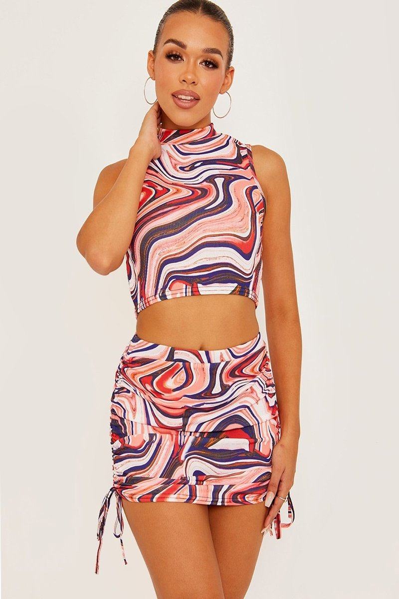Marble Print  Crop Top & Ruched Skirt Co-ord