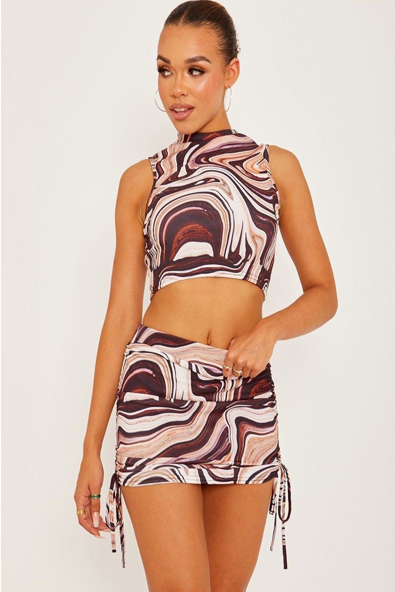 Marble Print Brown Crop Top & Ruched Skirt Co-ord
