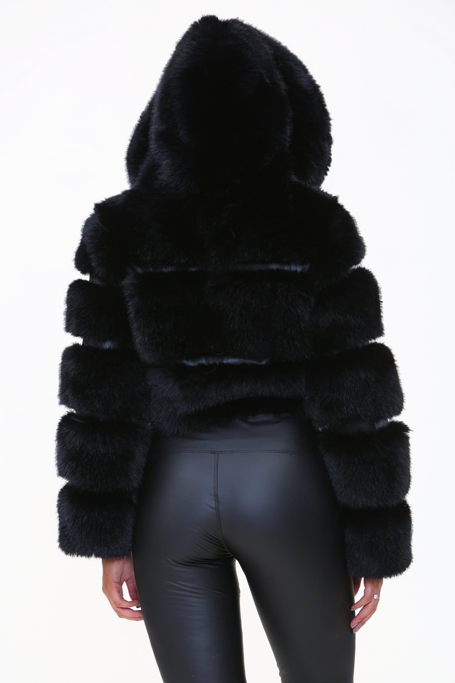 Crop Black Faux fur Hooded Jacket