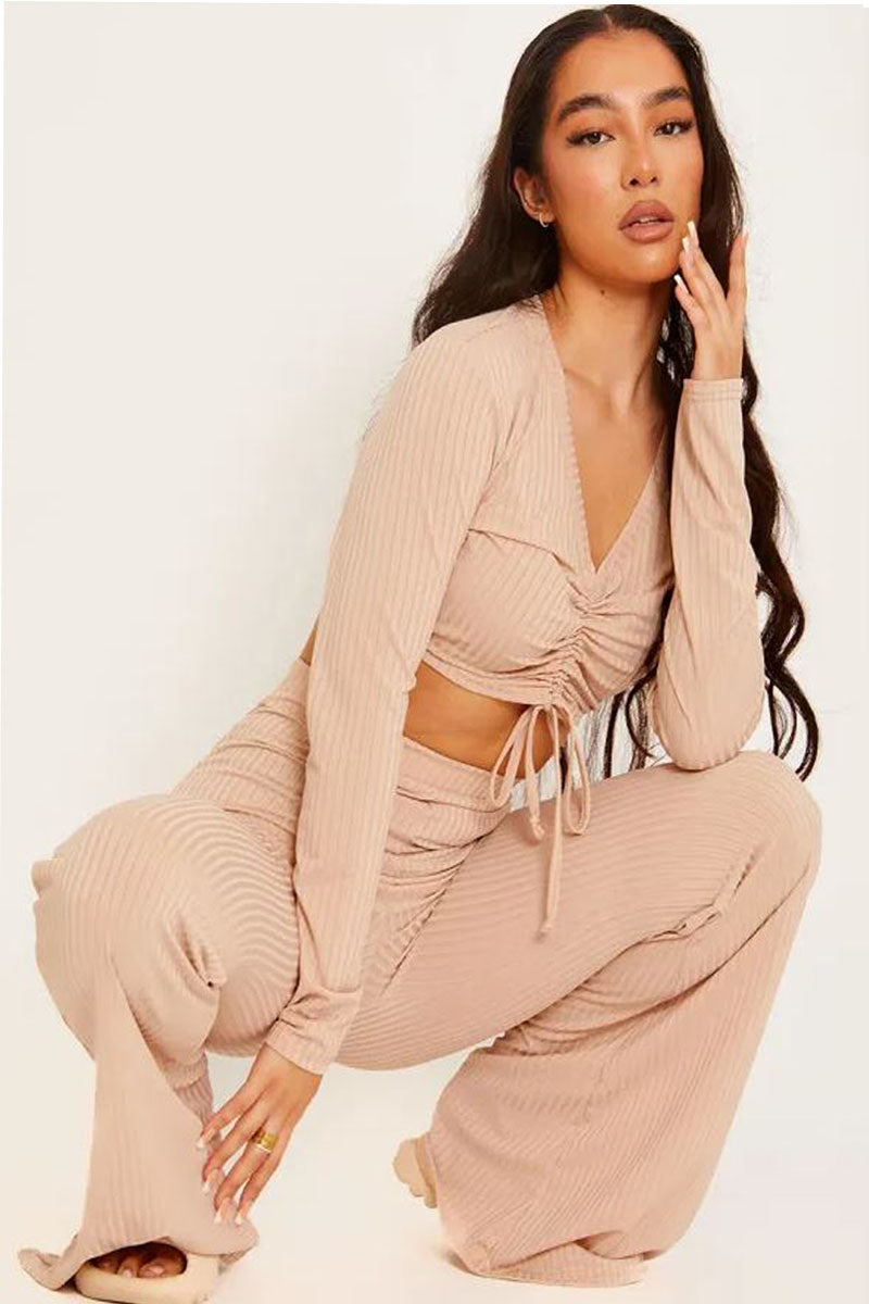 Stone Ribbed Top & Flared Trouser Co-ord Set