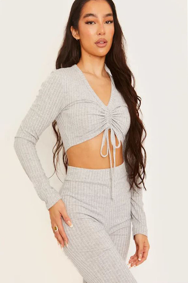 Grey Ribbed Top & Flared Trouser Co-ord Set