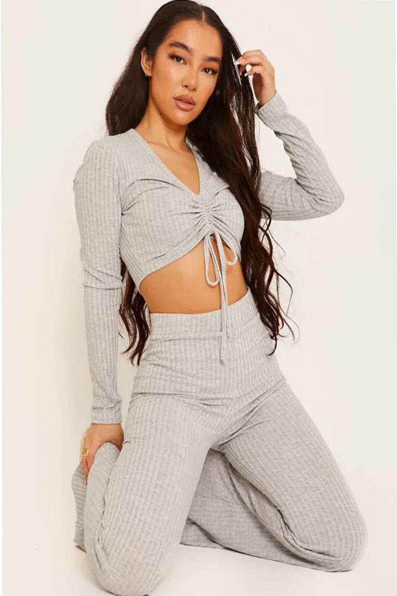 Grey Ribbed Top & Flared Trouser Co-ord Set