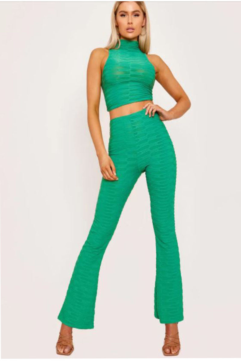Green High Neck Crop Top and Flare Pants Set - Molly
