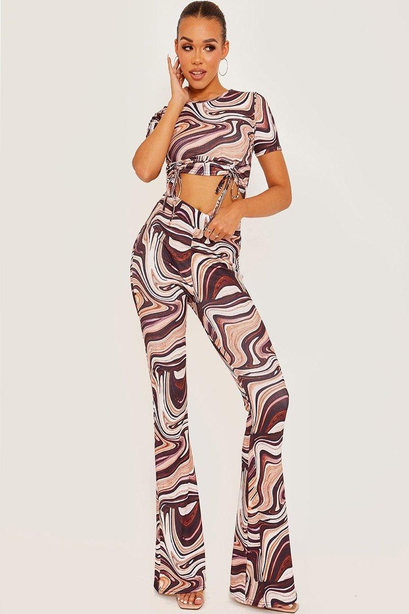 Marble Print Ribbed Crop Top With Flared Trousers Set