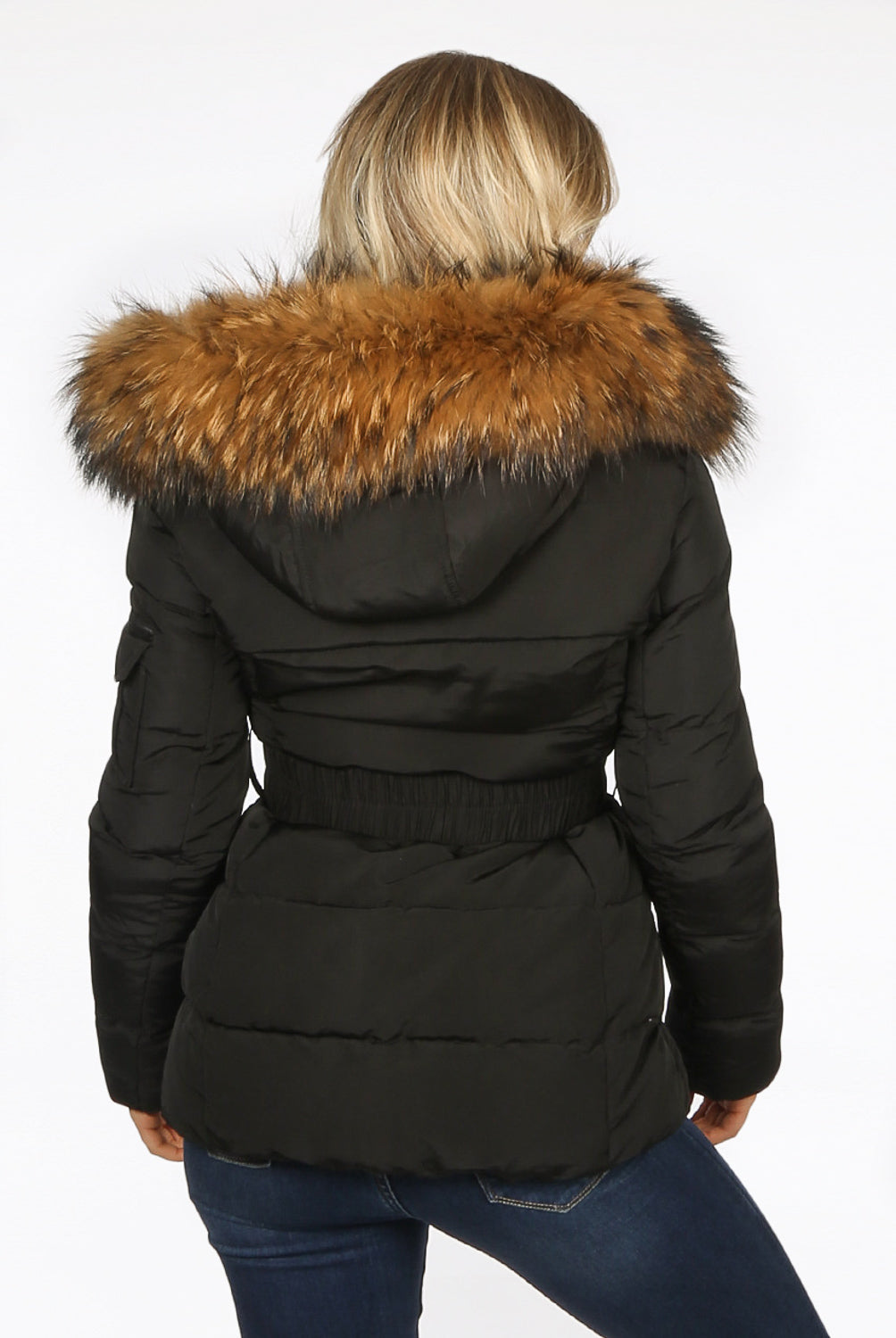 Black Belted Quilted Fur Hood Puffer Jacket