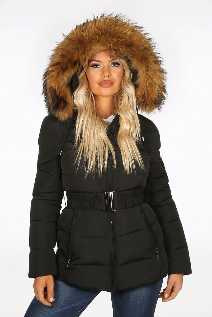Black Belted Quilted Fur Hood Puffer Jacket – Entire Desire