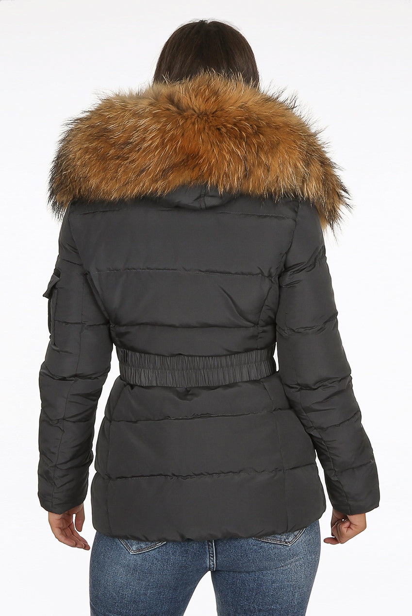Black Belted Quilted Fur Hood Puffer Jacket
