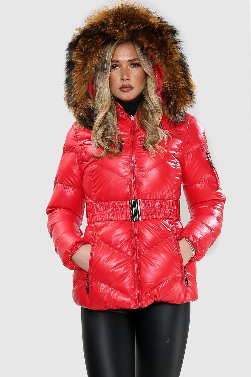 Red Wet Look Natural Fur Hood Puffa Jacket