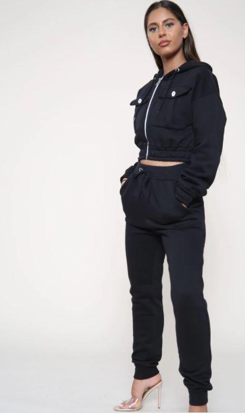 Black Utility Hooded Crop Top & Trouser Loungewear Set