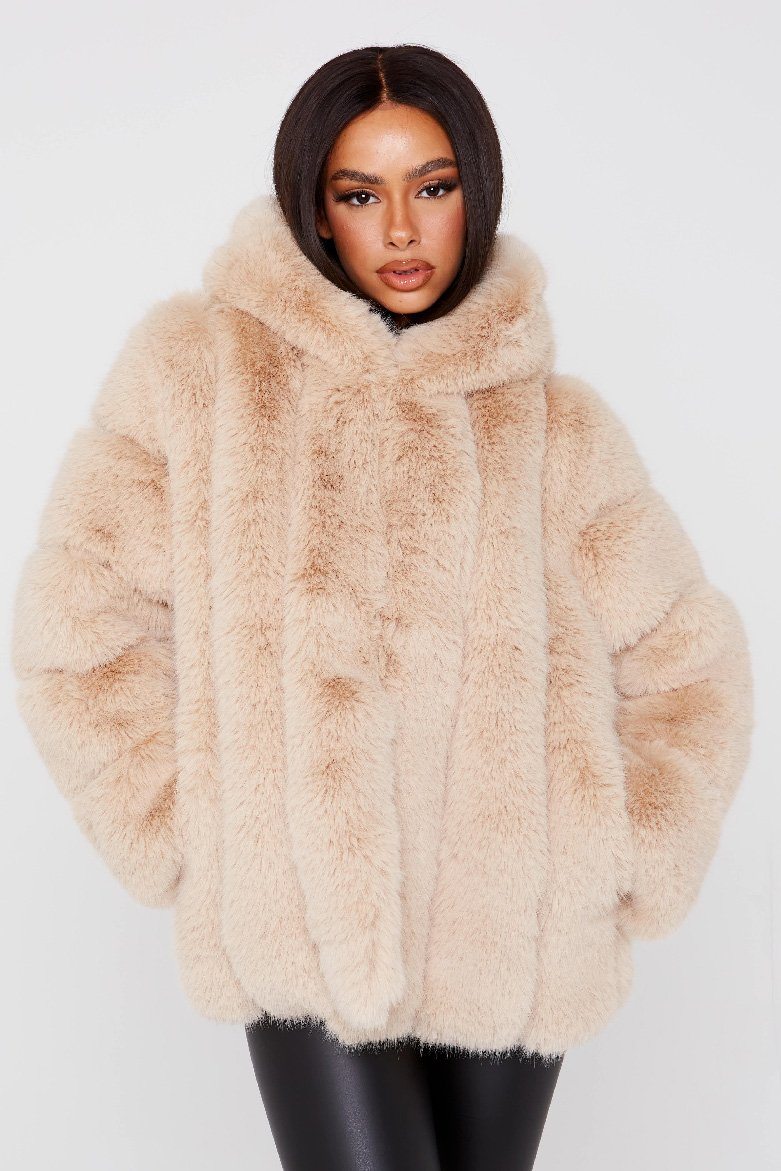 Faux Fur Hooded Beige Coat