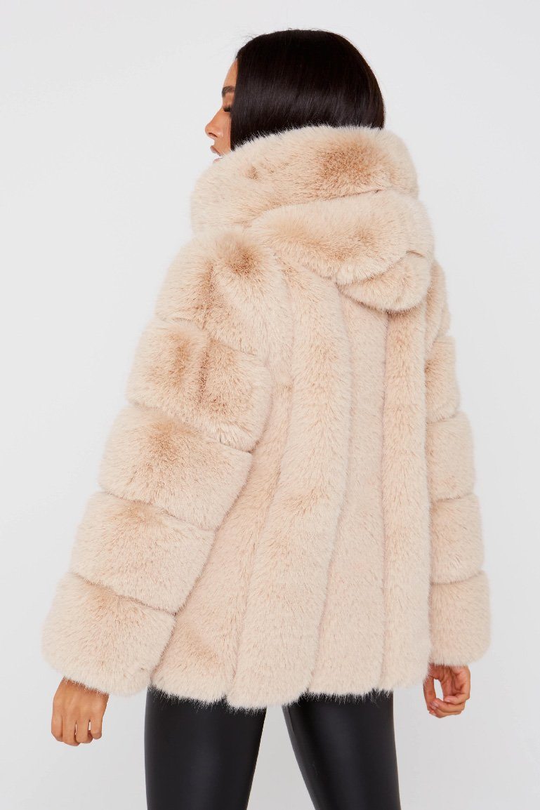 Faux Fur Hooded Beige Coat
