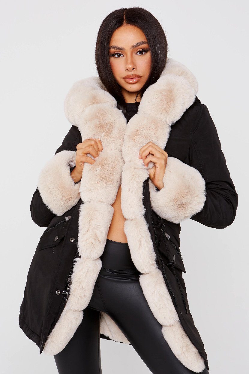 Black Cream Faux Fur Detail Hood Coat