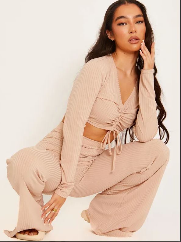 Stone Ribbed Top & Flared Trouser Co-ord Set