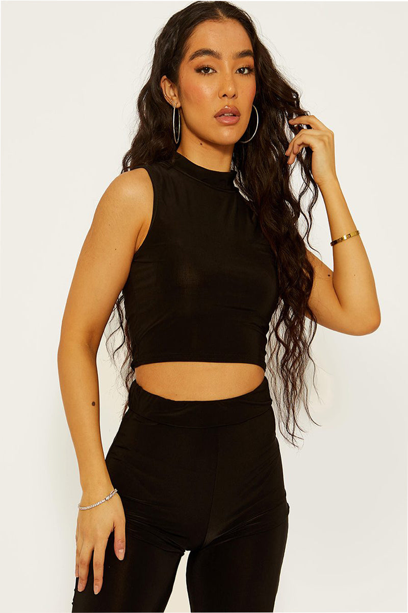 Black High Neck Crop Top and Flare Pants Set - Molly
