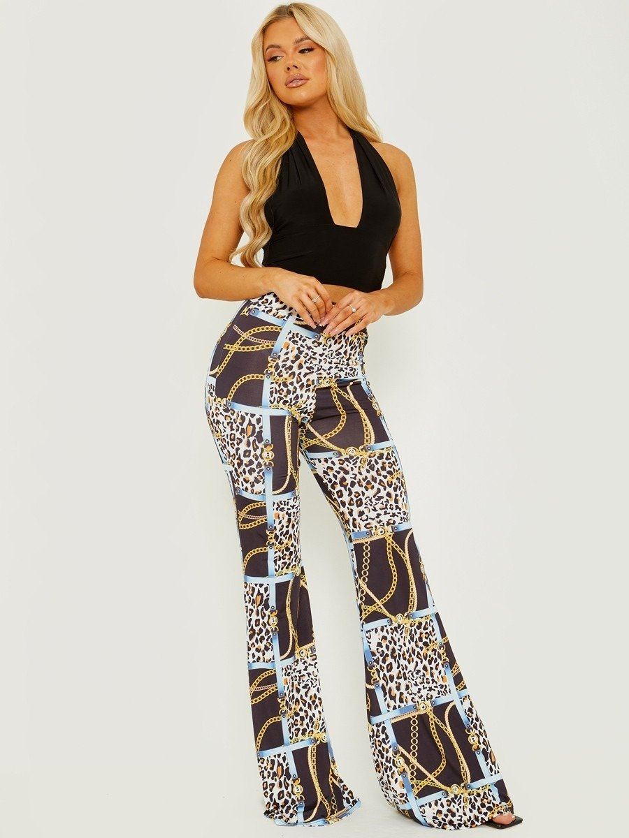 Leopard Chain Print Black Slinky Wide Leg Trouser