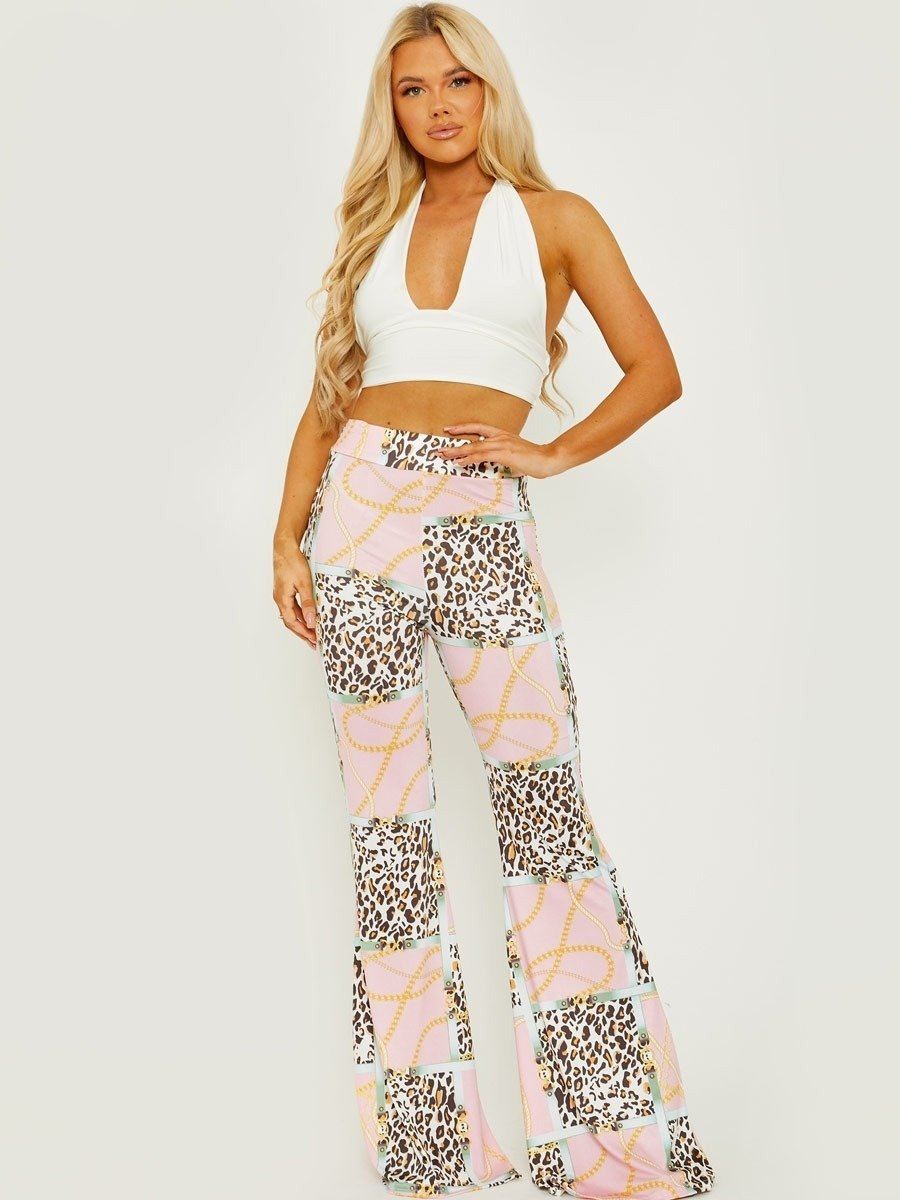 Leopard Chain Print Pink Slinky Wide Leg Trouser