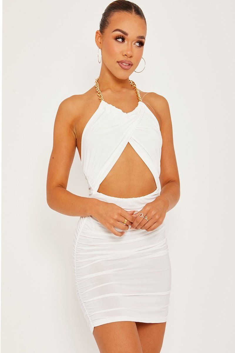Chain Halter Cut Out Front White Slinky Ruched Dress