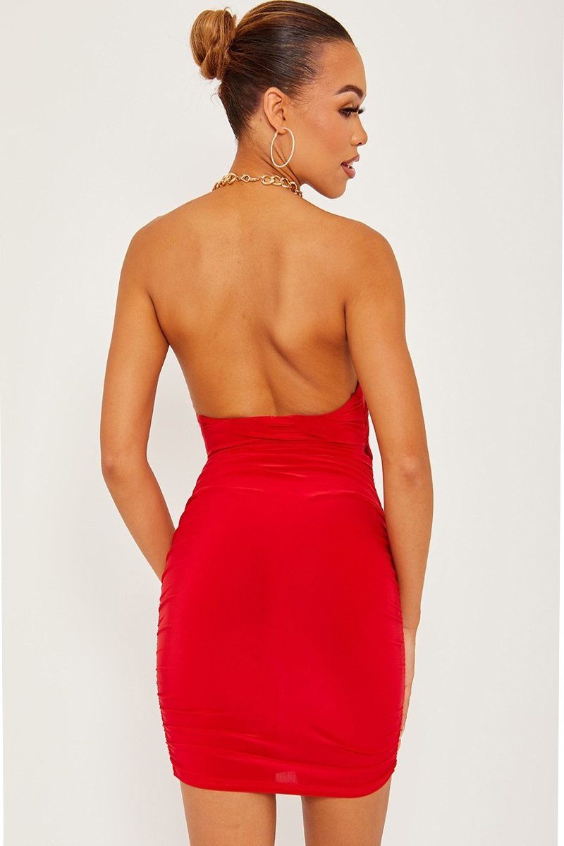 Chain Halter Cut Out Front Red Slinky Ruched Dress