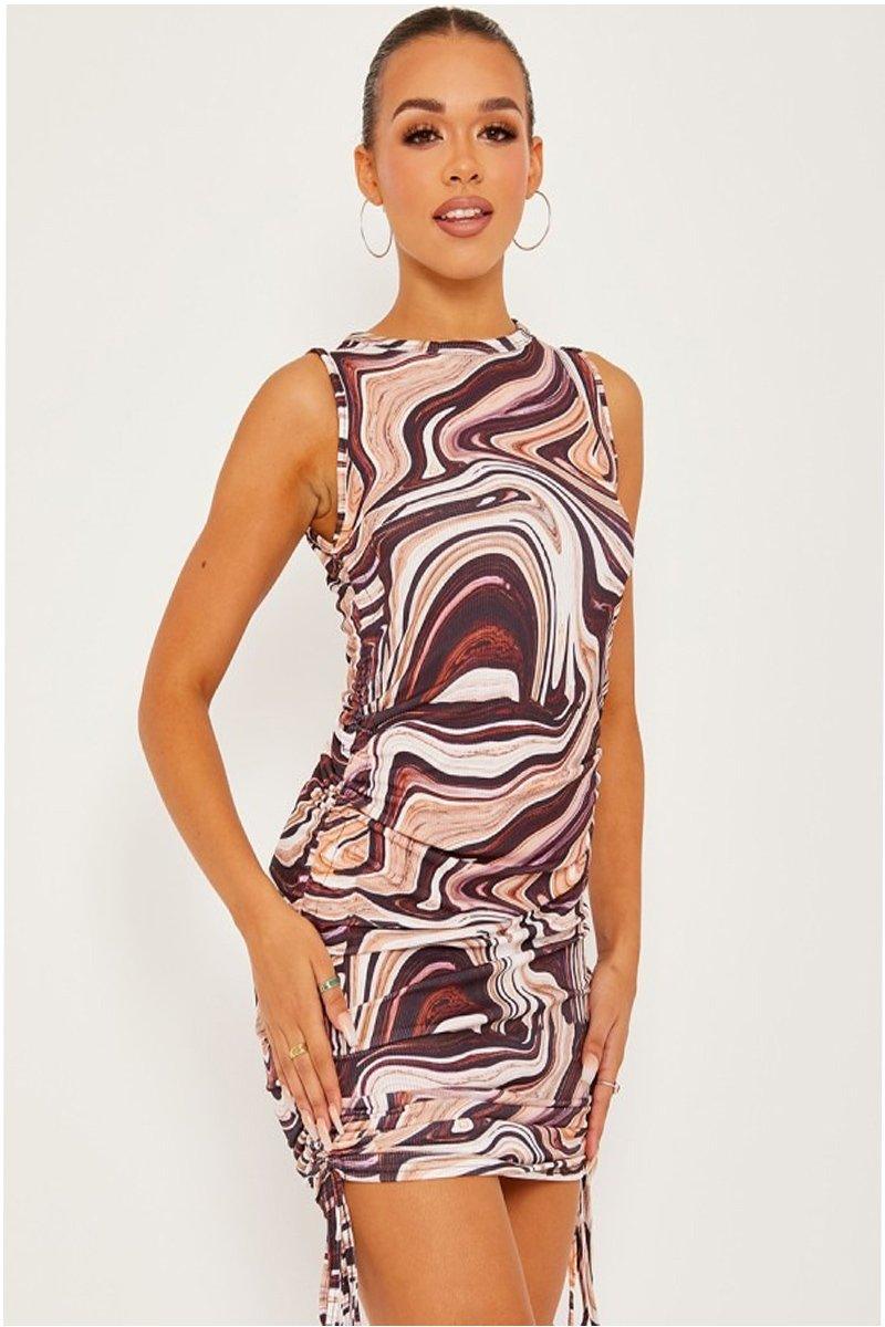 Brown Marble Print Sleeveless Ribbed Ruched Dress