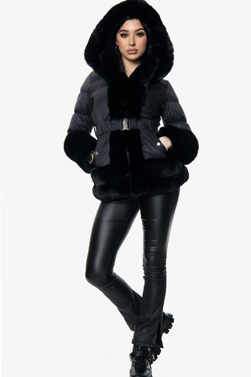 Three Row Fur Trim Black Hooded Coat