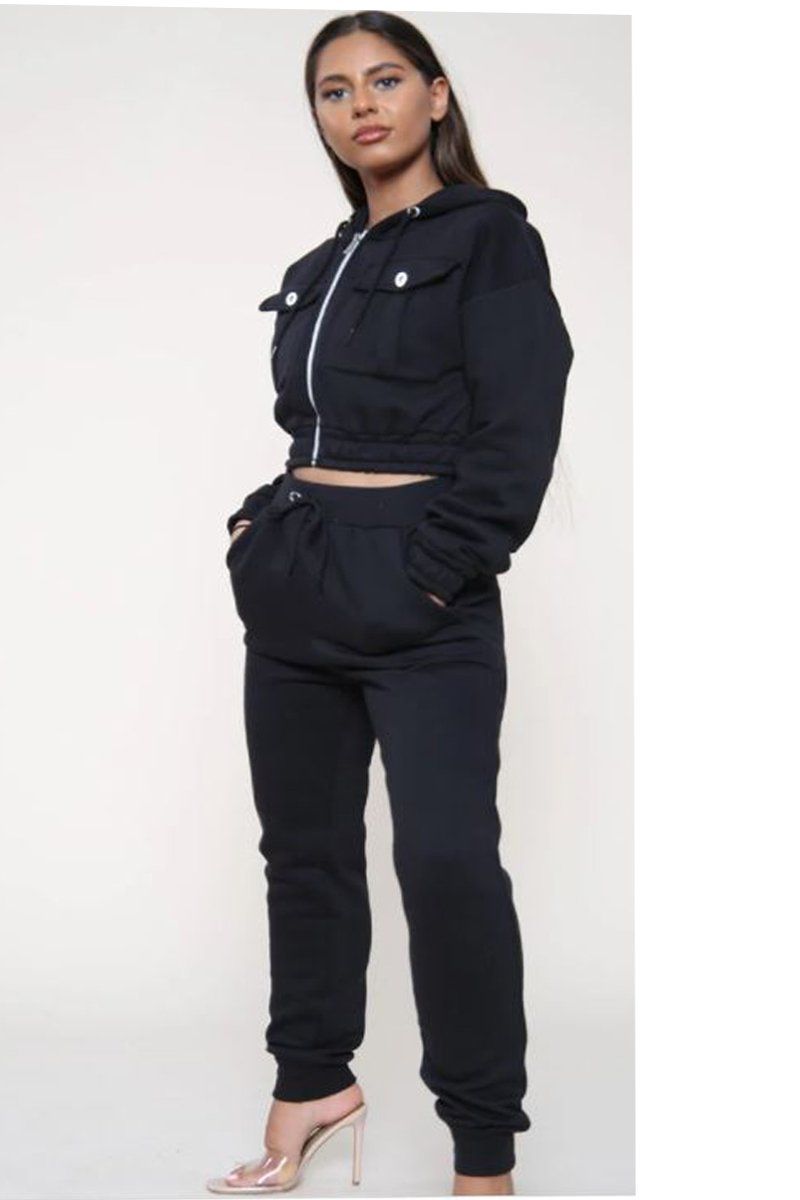 Black Utility Hooded Crop Top & Trouser Loungewear Set