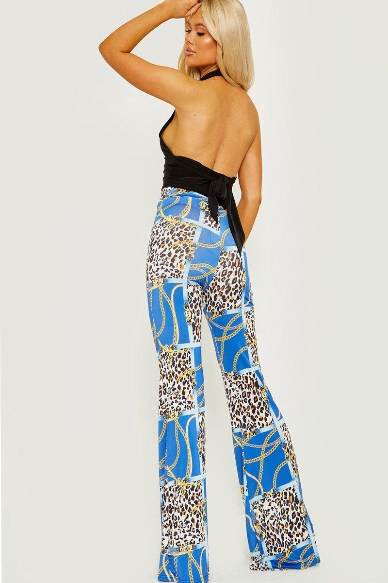 Leopard Chain Print Blue Slinky Wide Leg Trouser