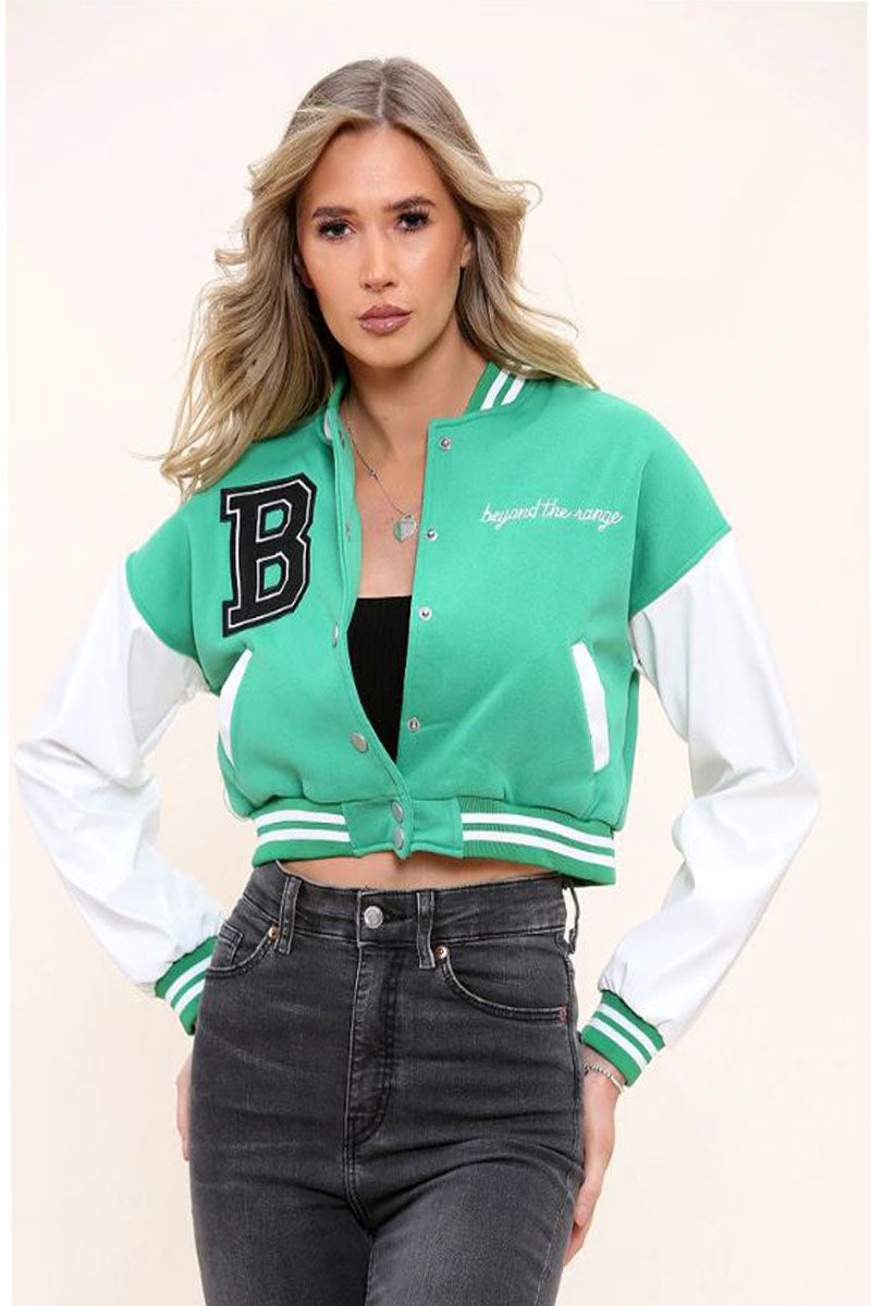 Green B Slogan Crop Baseball Jacket