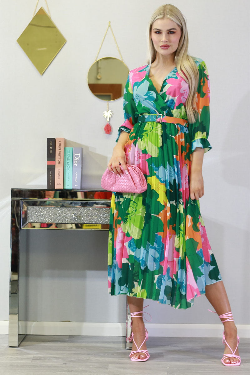 Pleated Floral Green Maxi Dress