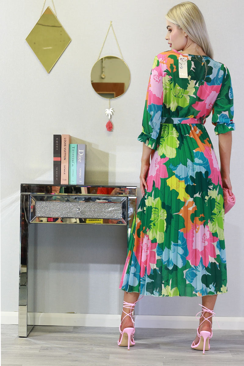 Pleated Floral Green Maxi Dress