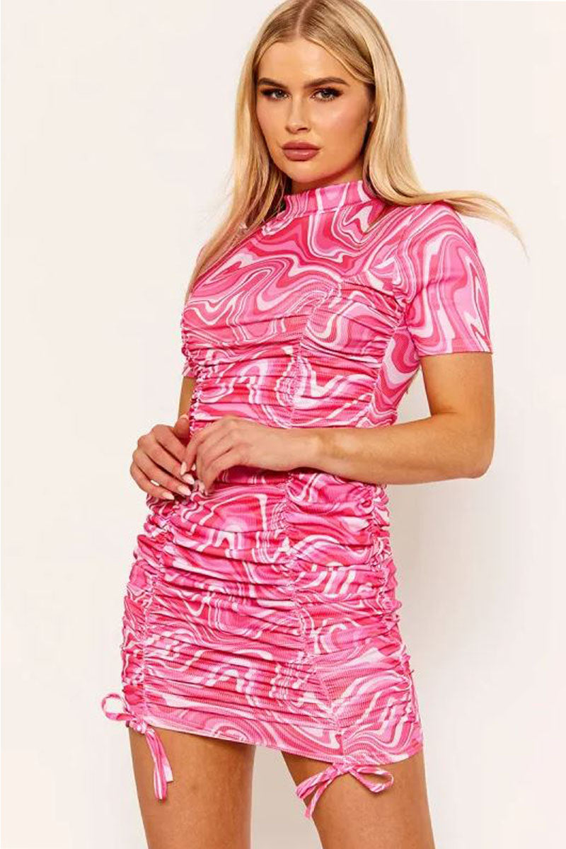 Marble Print Ribbed Pink Ruched Dress