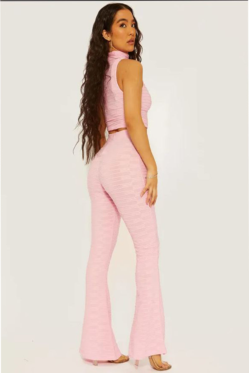 Pink High Neck Crop Top and Flare Pants Set - Molly